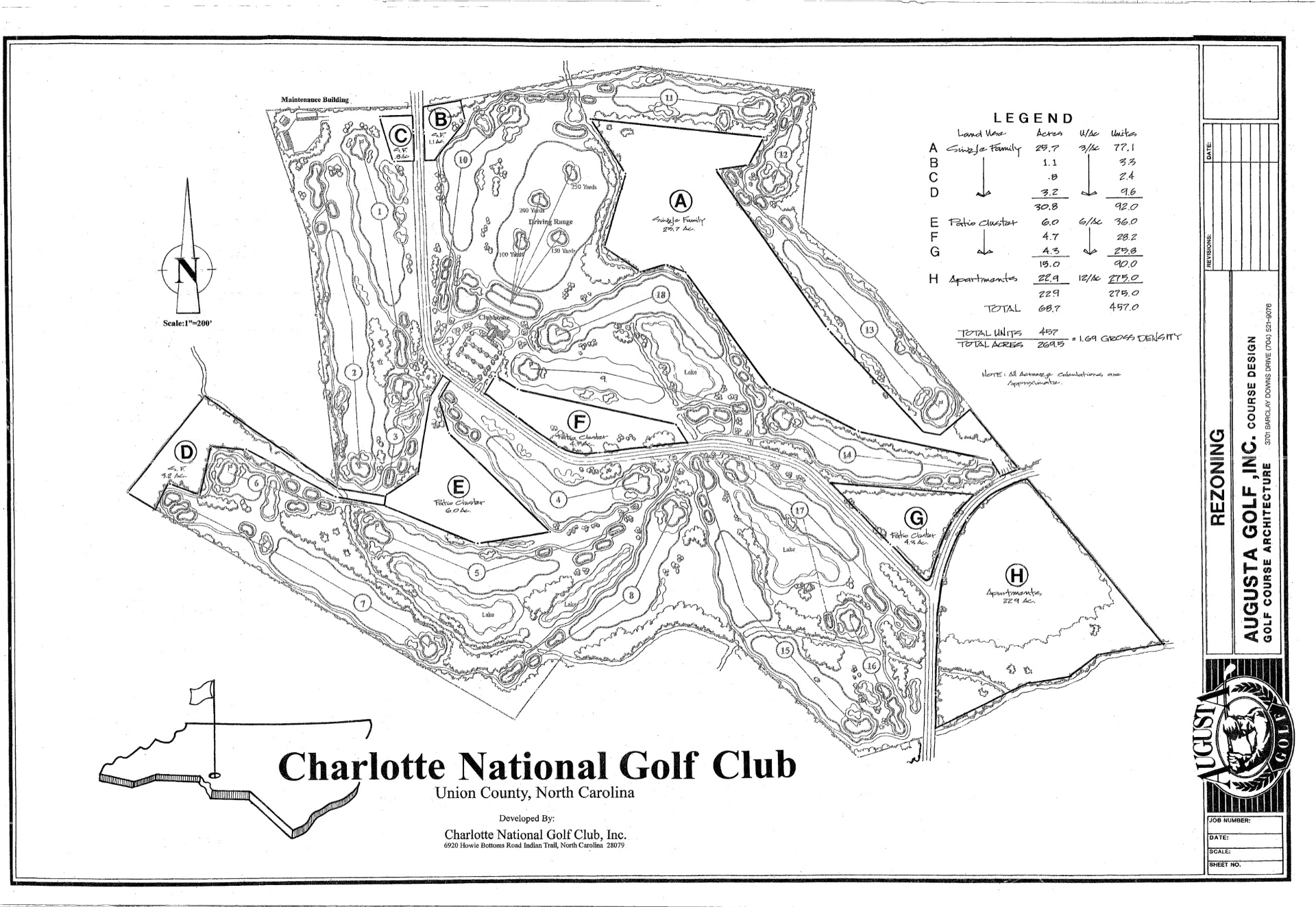 Charlotte National Golf Club rezoning plan, Union County, NC — single family, patio cluster, and apartments wrapped around an 18-hole golf course