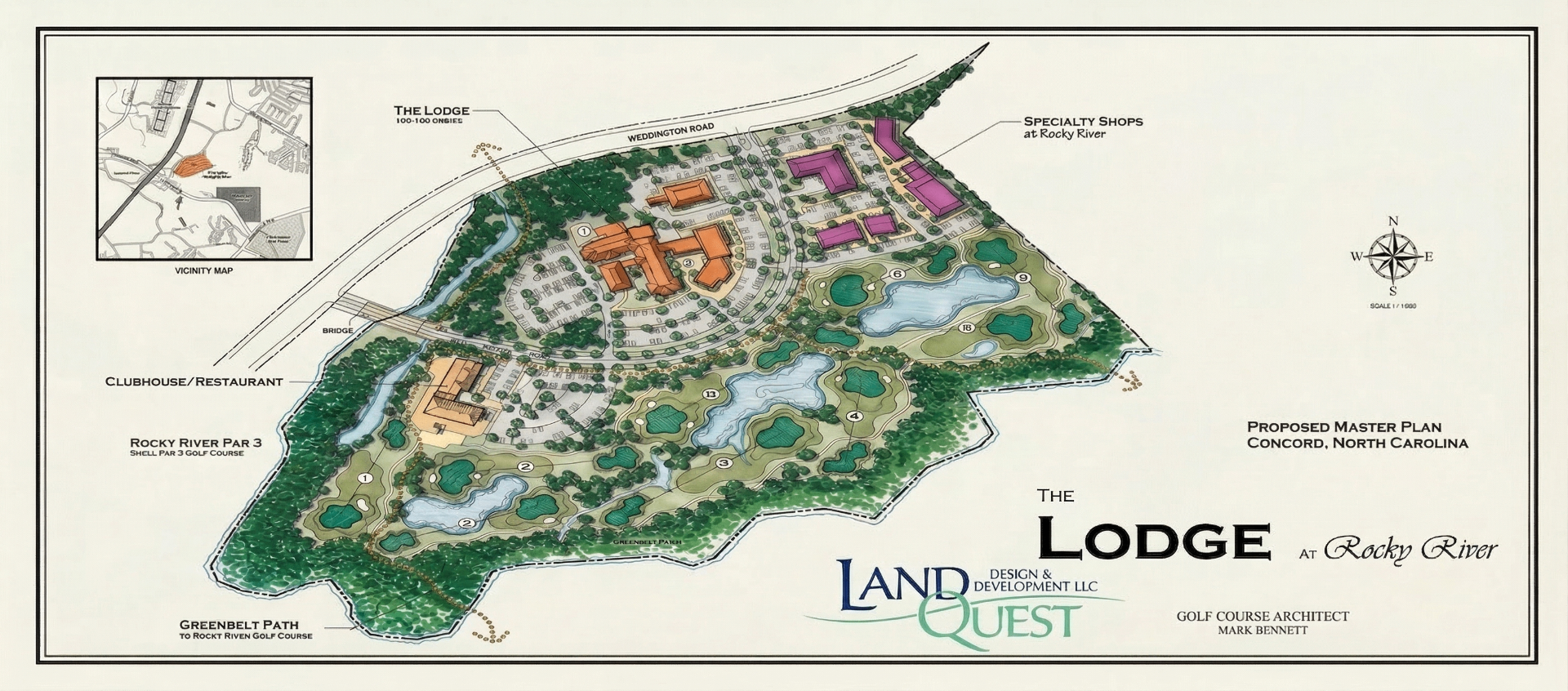 Proposed master plan for The Lodge at Rocky River, Concord, NC — 100-unit lodge, clubhouse/restaurant, specialty shops, par 3 golf course, and greenbelt path