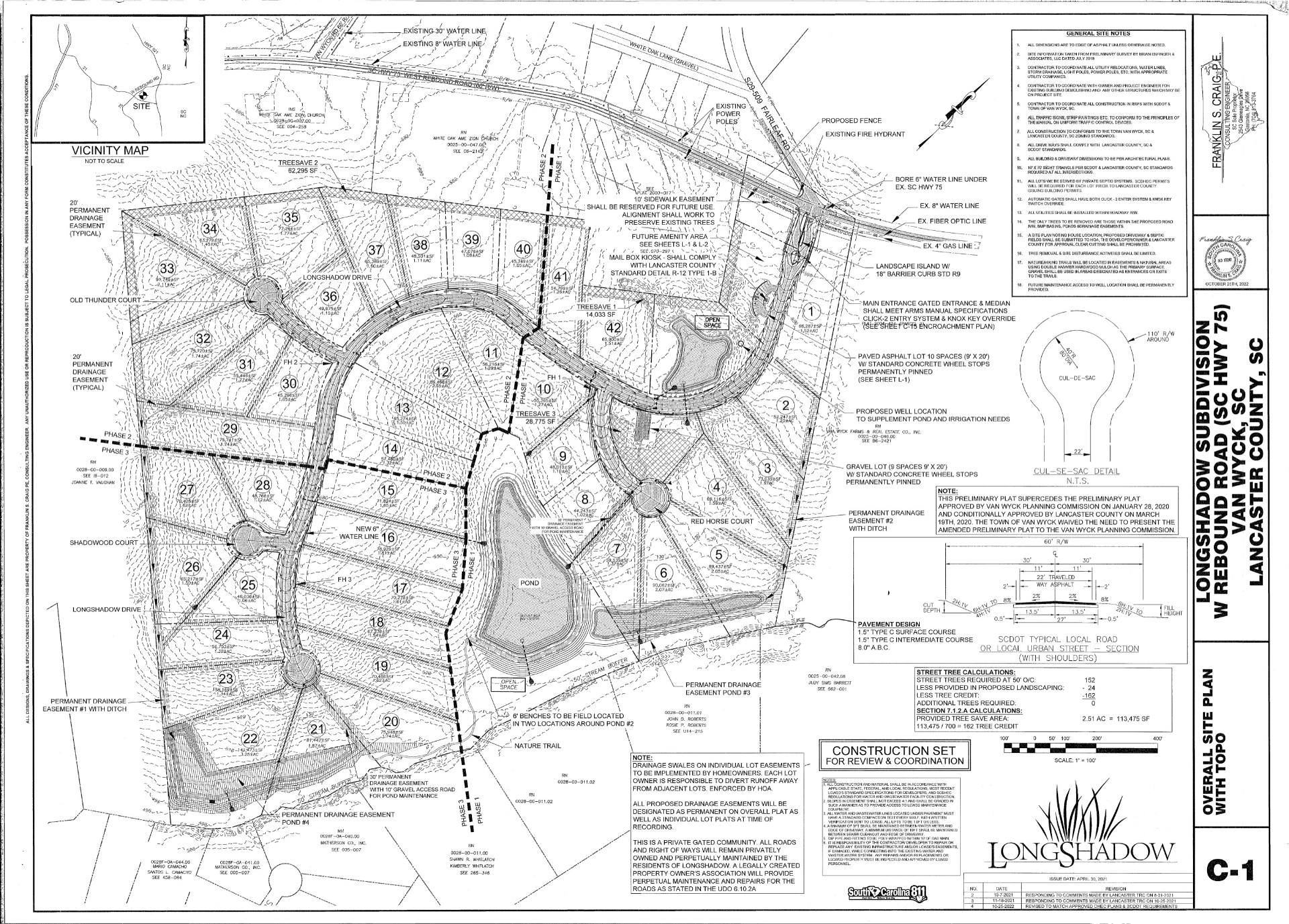 Overall site plan with topography for Longshadow Subdivision, Van Wyck, SC