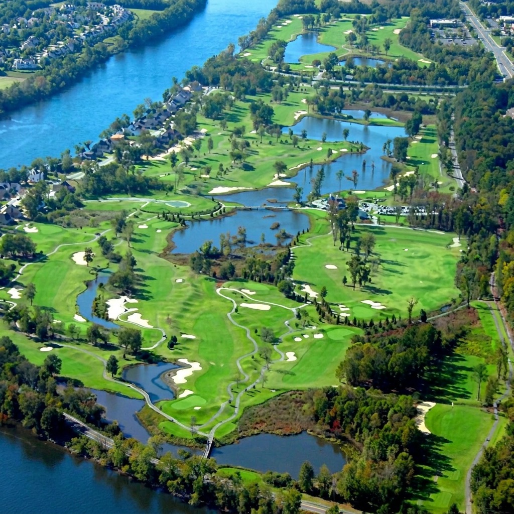 Aerial view of The River Golf Club along the Savannah River, North Augusta, SC