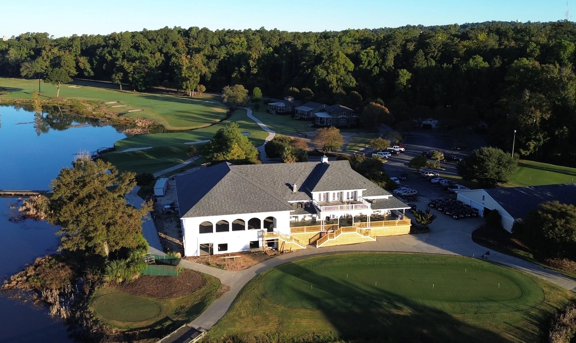 The River Golf Club clubhouse overlooking the course and lake